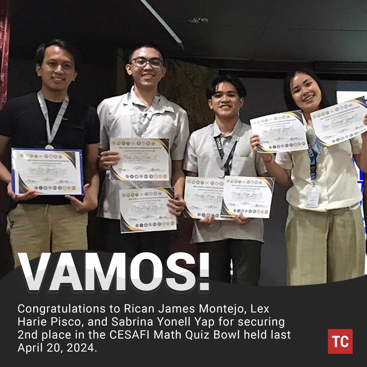 VAMOS: Congratulations to Rican James Montejo from BS Civil Engineering, Lex Harie Pisco from BS Applied Mathematics, and Sabrina Yonell Yap from BS Computer Science for securing 2nd place in the CESAFI Math Quiz Bowl held on April 20, 2024.

Read more: facebook.com/share/p/cKGRH1…