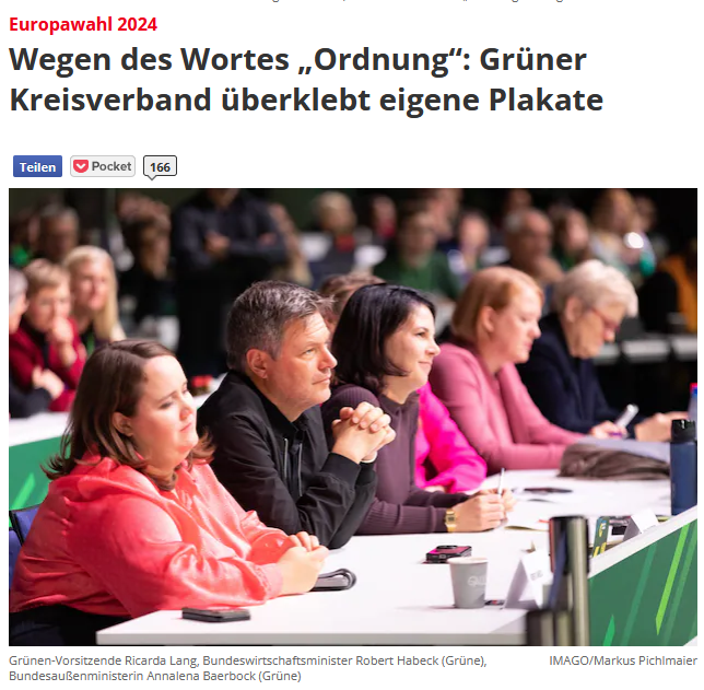 „Für  Menschenrechte und Ordnung“ lautet der Wahlslogan der Grünen für die  Europawahl. Wohl weil „Ordnung“ auf eine härtere Asylpolitik hindeuten  könnte, haben Grüne in #Muelheim die eigenen Plakate überklebt. Typisch grüner Irrsinn.🙄