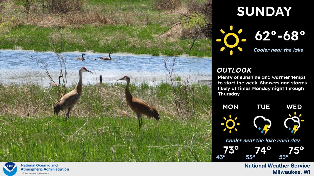 A cold front tonight will drop temps into the 40s by sunrise Sunday, but temps will rebound nicely into the 60s for the afternoon. Sely winds on Monday will then boost high temps back into the 70s well inland from Lake MI. #swiwx #wiwx