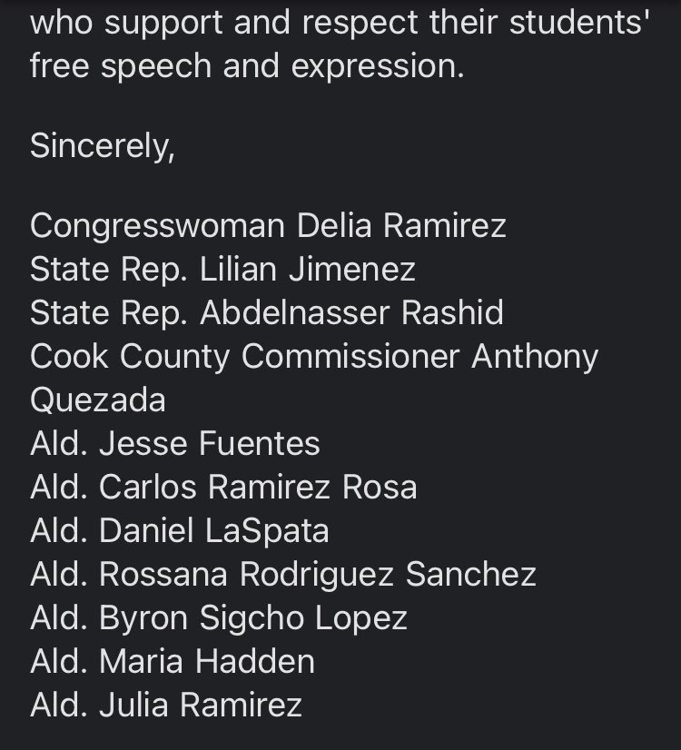 11 elected officials tell @uchicago admin: “engage student protests in good faith, support their first amendment rights, and refrain from police intervention. We do not want to see our young people dismissed, arrested or brutalized.”