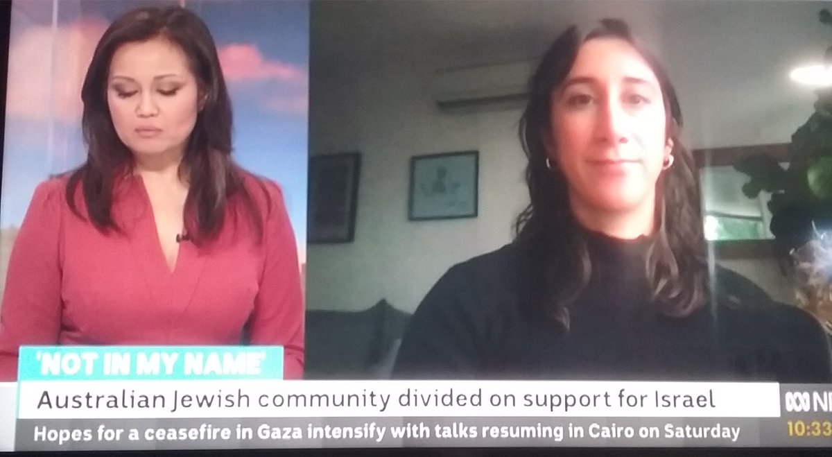 A brilliant interviewee who will feature on Compass. 6:30 tonight.
Faced w pro Israeli leaning questions, Sara Swartze (unsure of spelling), Human Rights Lawyer & member of the Jewish Council of Aus. gave excellent answers.
A strong reminder that many Jews do not support Israel.