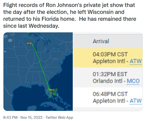 @marcody8 The day after his re-election Wisconsin Senator @RonJohnsonWI left Wisconsin for his Florida vacation home. Where is his real home?