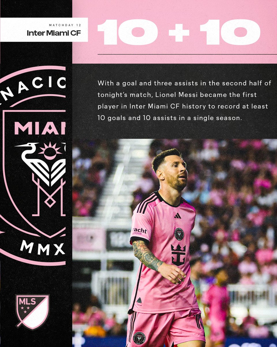 Lionel Messi became the first player in @InterMiamiCF history to record 10 goals and 10 assists in a single season with his goal and three assists in the second half of tonight's match.