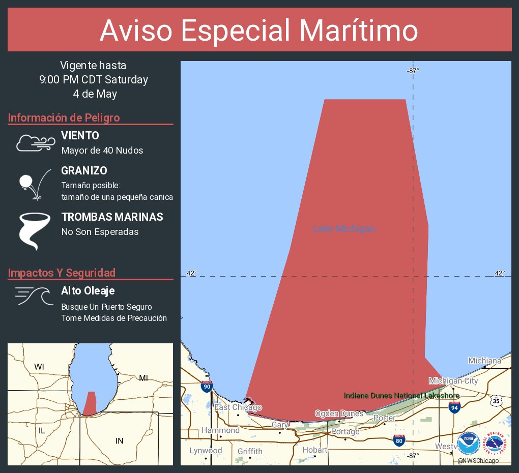 Aviso Especial Marítimo continúa Lago Michigan desde Puerto Winthrop a Puerto Wilmette IL 5MN costa afuera hasta Mid Lake, Lago Michigan desde Puerto Wilmette a Michigan City en 5MN costa afuera hasta Mid Lake y Puerto Burns a Michigan City IN hasta las 9:00 PM CDT