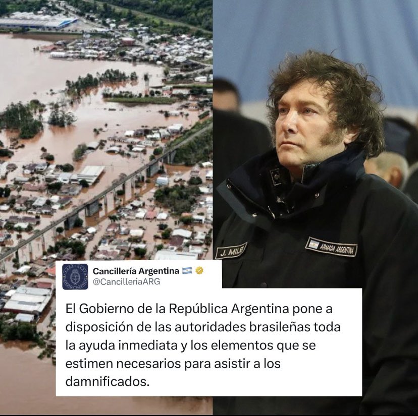 Milei is volunteering in Argentina to help with the Rio Grande do Sul Tragedy. What a shame for the Federal Government of Brazil! For the good of Brazilians, Lula resigns!