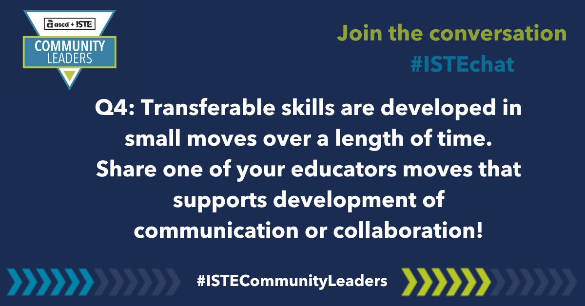 #Skills, #creativity, and #STEM - some of our favorite things that @jasontries is talking about in this #ISTEchat!

We know you are doing great things, and so we want to know - what is one of your educator moves that champions #communication and #collaboration?