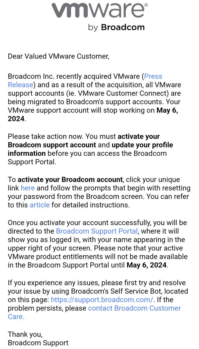 先日通知された '5/6 に VMware Customer Connect (旧 My VMware) から Broadcom Support Portal に移行する案内メール' の件で、誤情報とデマが流れているので改めて整理

結論としては GW 明けに移行された Broadcom Support Portal にアクセス、初期設定すれば有効なライセンスは継続利用可です