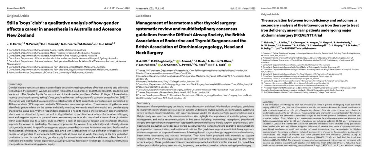 Some of our papers that have been referenced at the @ANZCA #ASM24BRIS so far: ⭐️The boys club @ergopropterdoc …-publications.onlinelibrary.wiley.com/doi/10.1111/an… ⭐️Thyroid surgery & haematoma @iliff_helen …-publications.onlinelibrary.wiley.com/doi/10.1111/an… ⭐️Iron deficiency & outcomes @LachieMiles …-publications.onlinelibrary.wiley.com/doi/10.1111/an…