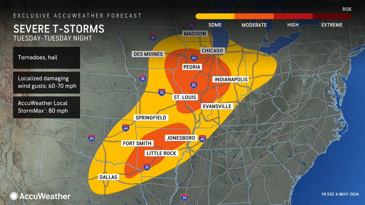 WEATHER: The Saturday evening @accuweather forecast: • Partly to mostly cloudy overnight. • Mostly cloudy and not as warm Sunday with a late-day or nighttime t-storm. • Clouds and a stray t-storm Monday. • Some strong storms Tuesday. audacy.com/kmox/weather?u…