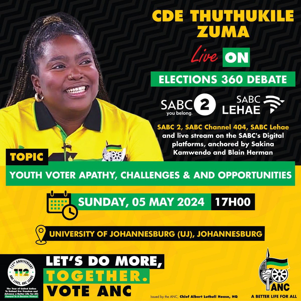 Catch Cde Thuthukile Zuma, live on Elections 360 Debate on SABC 2 today at 17h00 as she engages on youth voter apathy, challenges, and opportunities. #VoteANC2024 #LetsDoMoreTogether