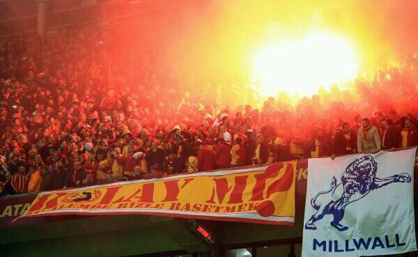 Galatasaray fans hanging a Millwall banner during the CL game against Chelsea. Millwall and Gala supporters have a kind of intimacy mainly because of the common enemy, Leeds United.