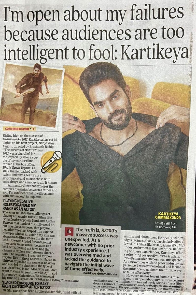 Today's print media coverage of @actorKartikeya's interview about his next #BhajeVaayuVegam ❤️‍🔥💫 @Ishmenon @RAAHULTYSON @Dir_Prashant @ajayrajup @RDRajasekar @radhanmusic #Kapil @ramjowrites @vishwa_raghu @GmaNadikudikar #PrateekNuti #Ujwal #MadhuSrinivas @SatyaG_Editor…