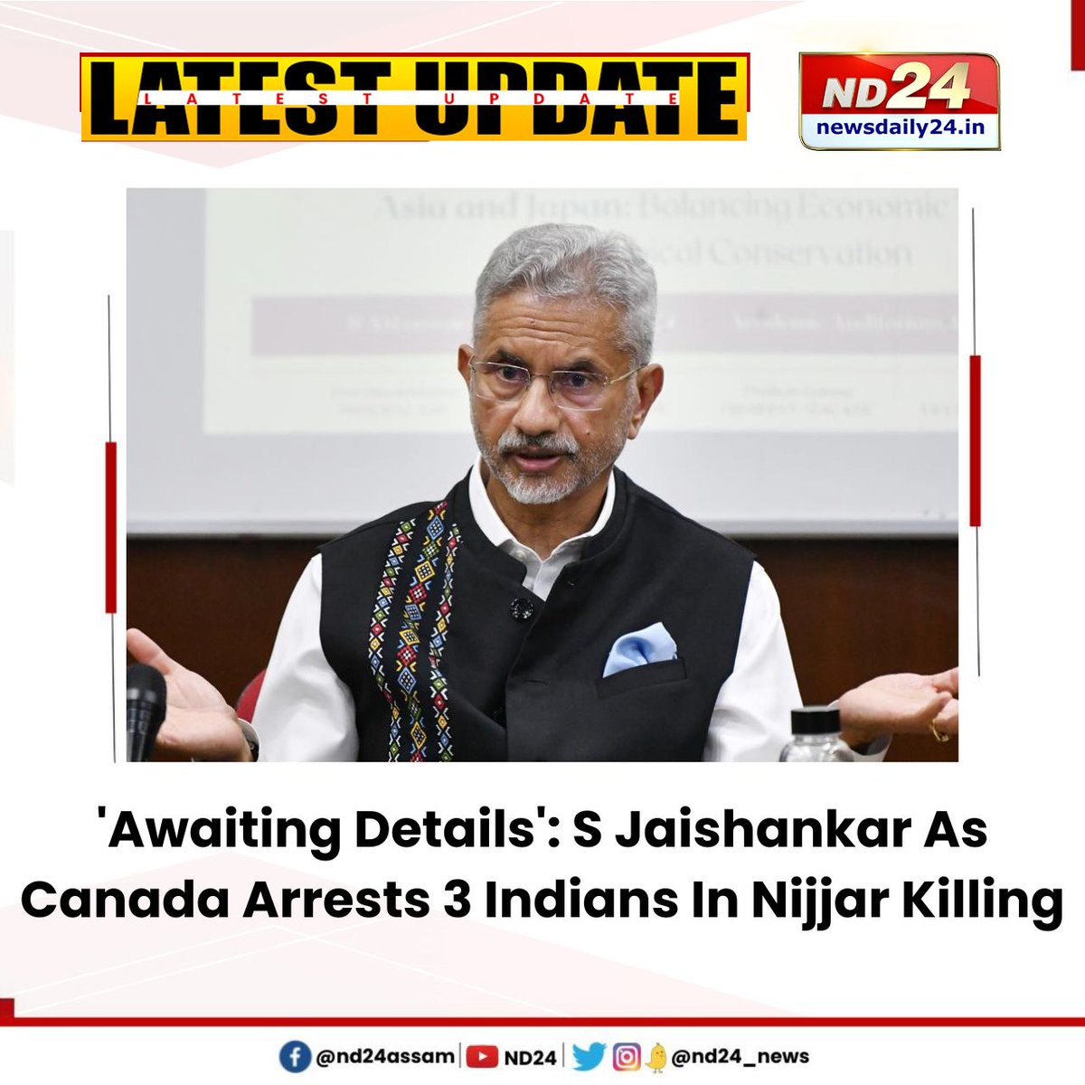 India will wait for the Canadian police to share information on the three #Indian nationals arrested and charged with the murder of #Khalistaniterrorist Hardeep Singh Nijjar last year, External Affairs Minister #SJaishankar said.

Jaishankar said he had seen (cont)