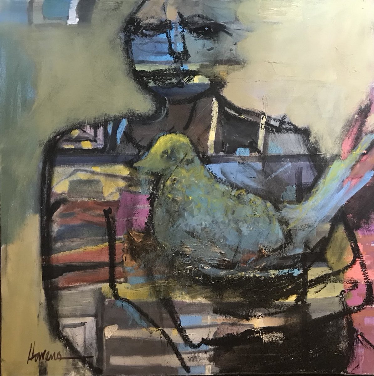 Betsy Havens, American painter “Bird Lady” oil 30x30” 2019