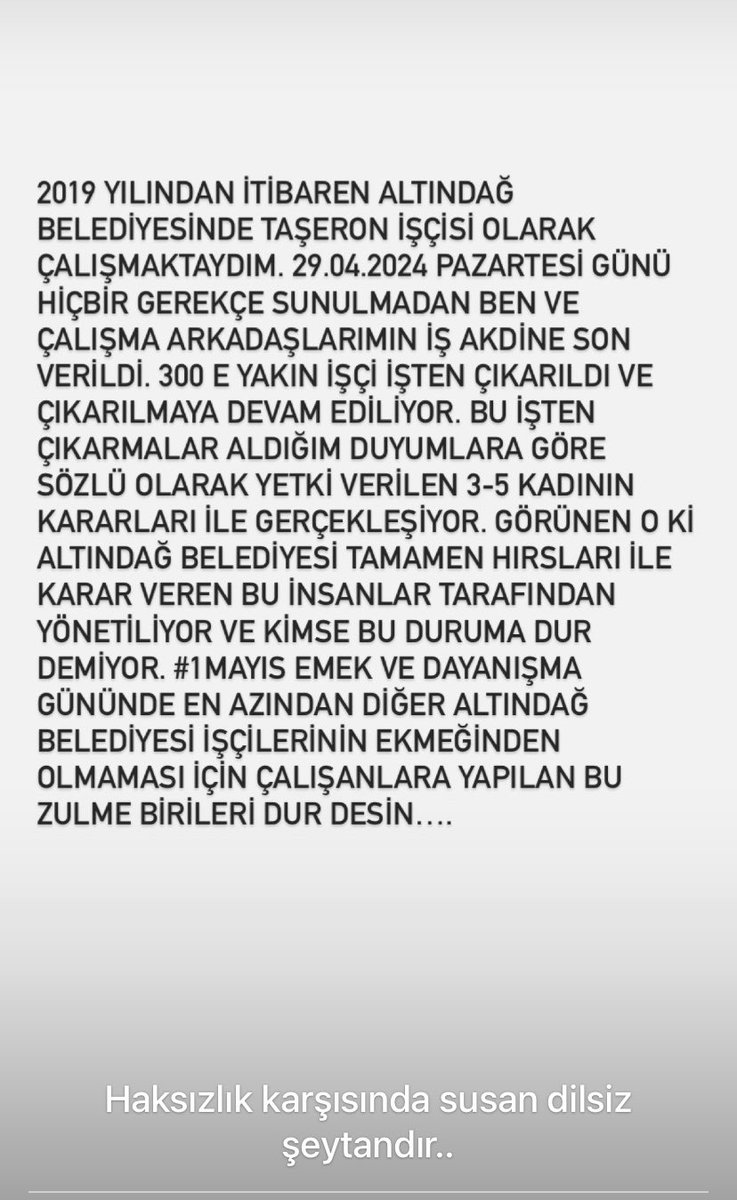 AK Parti @Akparti 'den AK Partiye geçen ALTINDAĞ Belediyesinde @altindagbel İşçi düşmanlığı durmuyor . Eserinizle gurur duyun @Akparti @aktaserdogan @isikhanvedat Belediye Şirketleri denilen ucube sistemi çalışma yaşamına kazandırarak yüz binlerce işçinin hakkına girdiniz .…