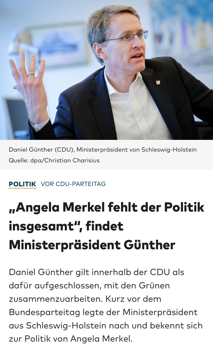 'Günther wirbt für eine Öffnung der CDU zur Linkspartei'

„Angela Merkel fehlt der Politik insgesamt“

Was stimmt mit dem Mann nicht? Das ist ja nachgerade bizarr, was @DGuenther_CDUSH an nur einem Wochenende so von sich gibt 😱

#CDUunwählbar