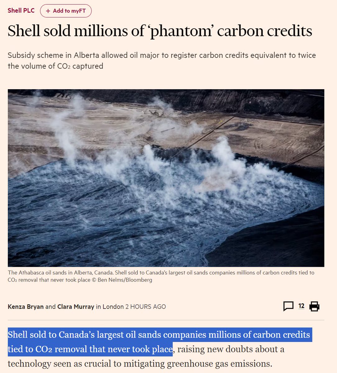 'Shell sold millions of carbon credits tied to [carbon capture and storage] that never took place' Selling emissions credits for reductions that never happened from a technology that doesn't work (and pocketing the profits) must be peak greenwashing ft.com/content/93938a…