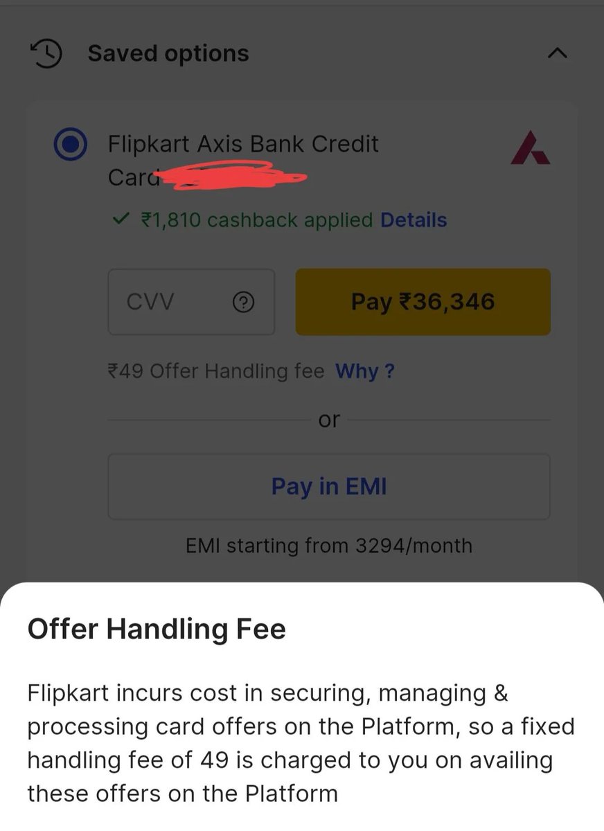 So Flipkart now charges ₹49 'Offer handling fee' even for Flipkart Axis Credit Card.

This thing is already devalued like 2 times and now you want extra fees for using it on your own platform?

It's your own co-branded credit card, why tf is this level of greediness?