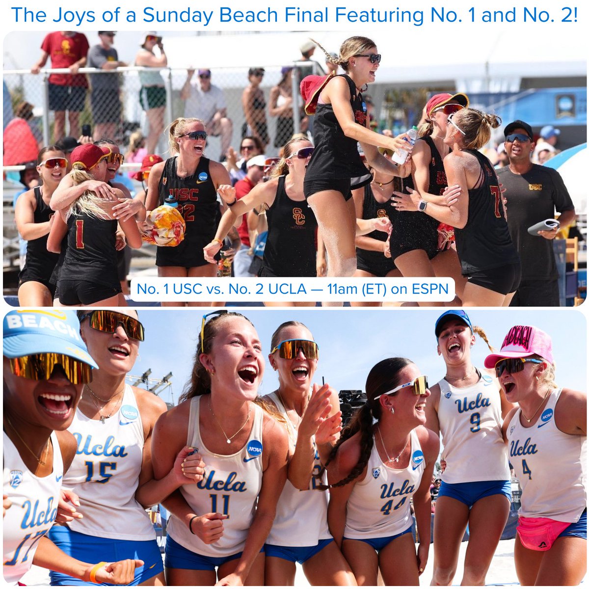 So, we meet again... The 2024 Collegiate Beach Championship comes down to No.1 @USCBeach & No.2 @UCLABeachVB, as the crosstown rivals battle for the title. The teams split their 6 matches this season and the tiebreaker, which starts at 11am(ET) on ESPN, should be epic! #WeAreAVCA
