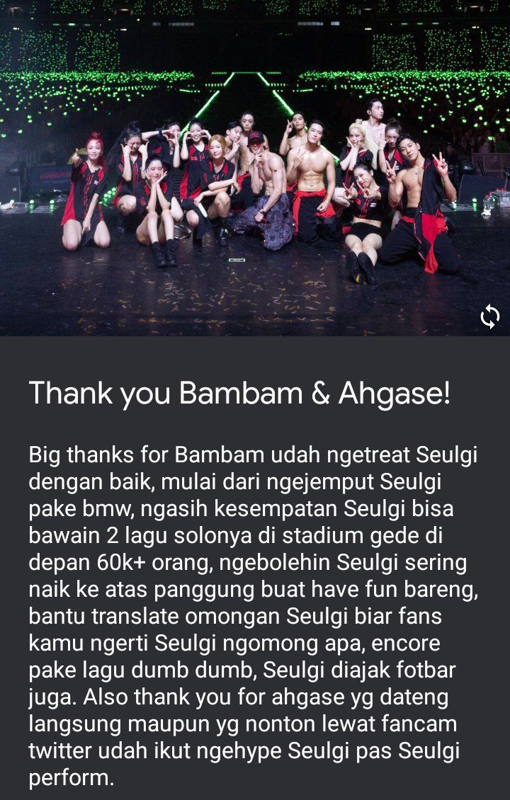 -star Thank you Bambam, thank you ahgase! Semoga next time GOT7 bisa konser bertujuh di Rajamangala dan Seulgi bisa dikasih solo concert 😊💛💚