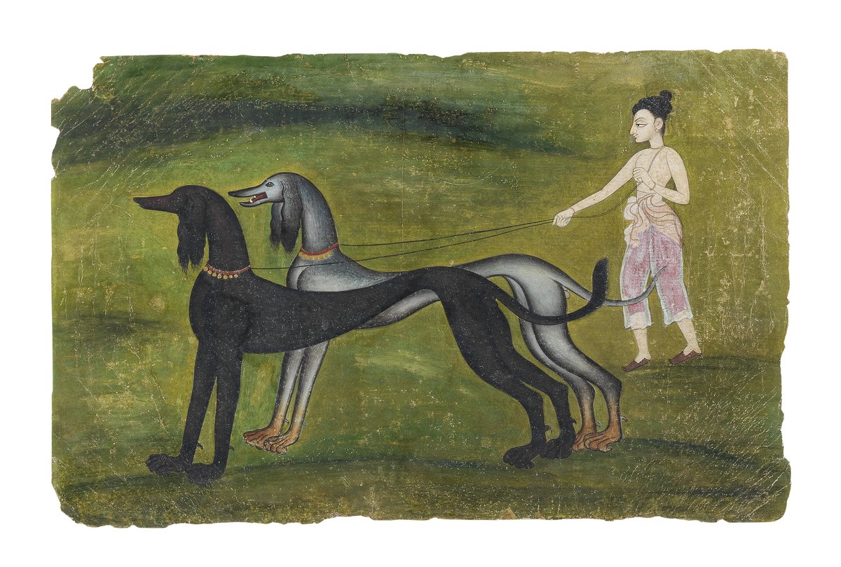 Two hounds with their youthful trainer 
Kishangarh, late 18th century