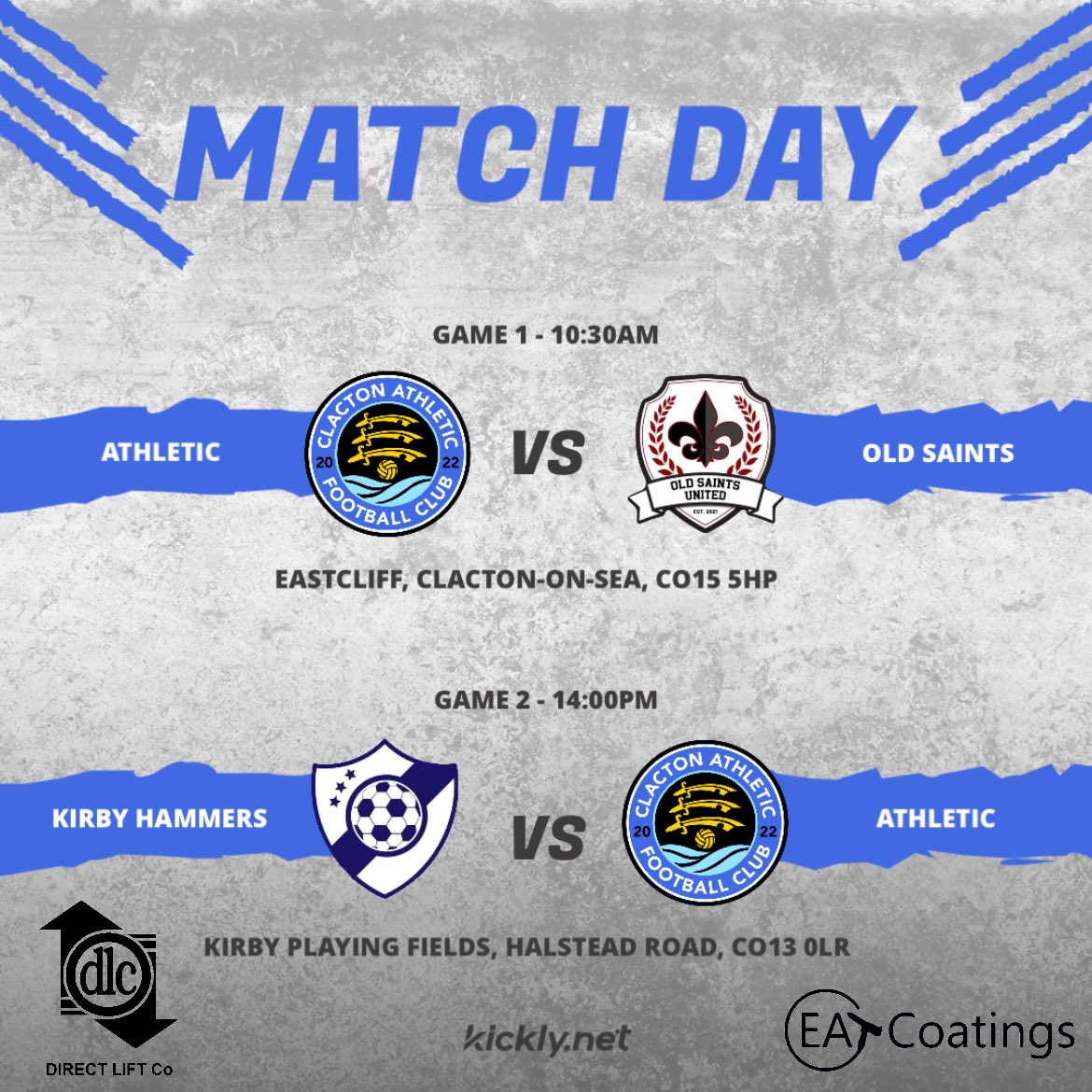 Clacton Athletic FC (@clactonathfc) on Twitter photo MATCHDAY
First we’re in league action before making a short trip to play in a charity game🔵⚪️
Details👇🏼
GAME 1:
🆚 <a href="/old_saints/">Old Saints United</a>
🏆 CDSL Premier division
🕥 10:30am
📍 Eastcliff, CO15 5HP
GAME 2:
🆚 Kirby Hammers FC
🏆 Charity
🕑 2:00pm (12pm start)
📍 Kirby, CO13 0LR MATCHDAY
First we’re in league action before making a short trip to play in a charity game🔵⚪️
Details👇🏼
GAME 1:
🆚 <a href="/old_saints/">Old Saints United</a>
🏆 CDSL Premier division
🕥 10:30am
📍 Eastcliff, CO15 5HP
GAME 2:
🆚 Kirby Hammers FC
🏆 Charity
🕑 2:00pm (12pm start)
📍 Kirby, CO13 0LR