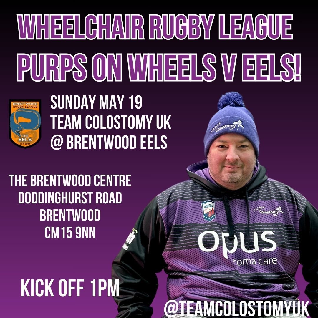 Two weeks to go! That's right, on May 19 our #WheelchairRugbyLeague team 'Purps on Wheels, will face @BrentwoodRLFC in our first ever game 😁 We kick off at 1pm at the Brentwood Centre CM15 9NN so why not come along and cheer both teams on ! #UpThePurps💜 @JohnFlood81