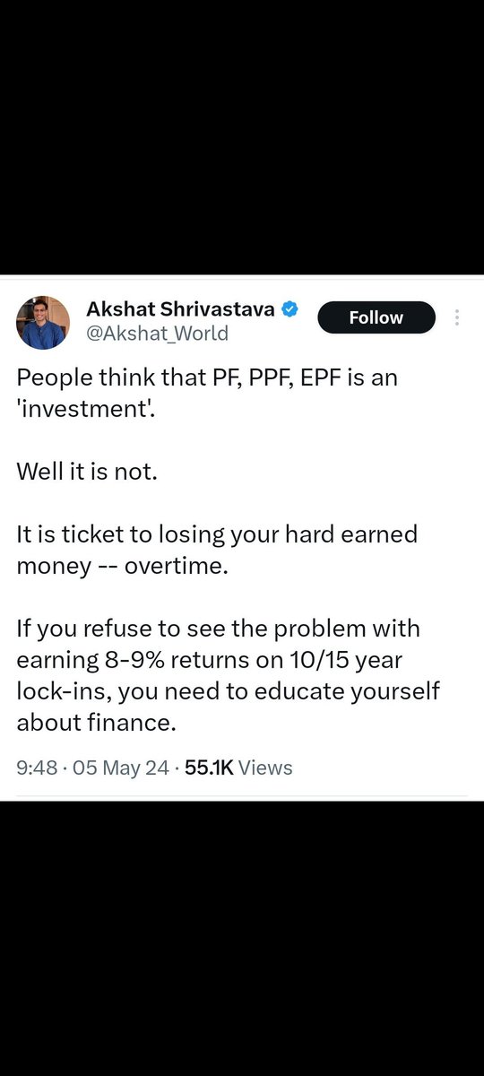 Jail worthy tweets. How a potent combination of EPF and VPF does wonders to fill the debt part of your allocation is understated. Scares me when content creators just assume equity is a smooth 12 pc per annum instrument.