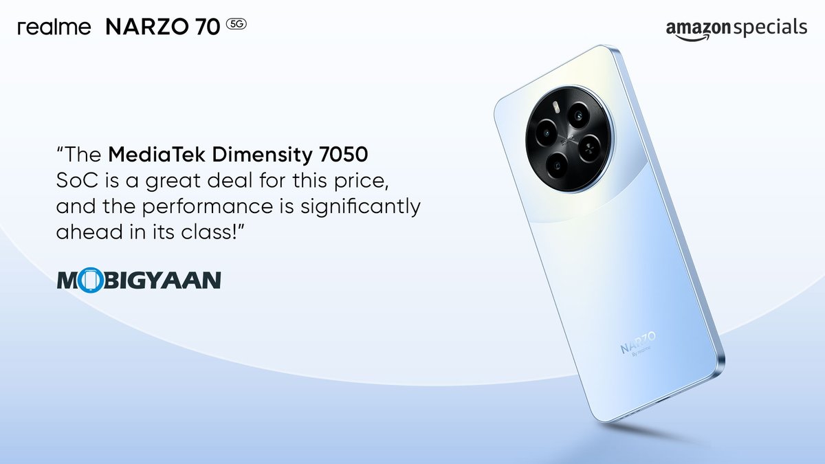 Big shoutout to Mobigyaan! Thanks for recognizing the powerhouse performance of the #realmeNARZO705G’s MediaTek Dimensity 7050 SoC. Your support fuels our drive for excellence! Starting from ₹14,999* inclusive of 1K coupon. *T&C Apply Buy Now On @amazonIN:…