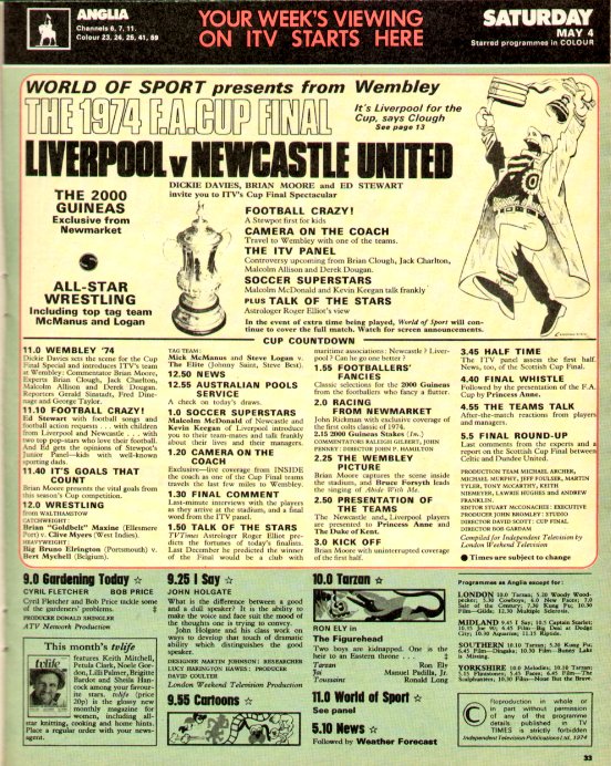 And here's your @ITV line-up on the same afternoon (of 4 May 1974).

#lfc #nufc #FACupFinal #1970s #football #television #memories

(Image: @woodg31)