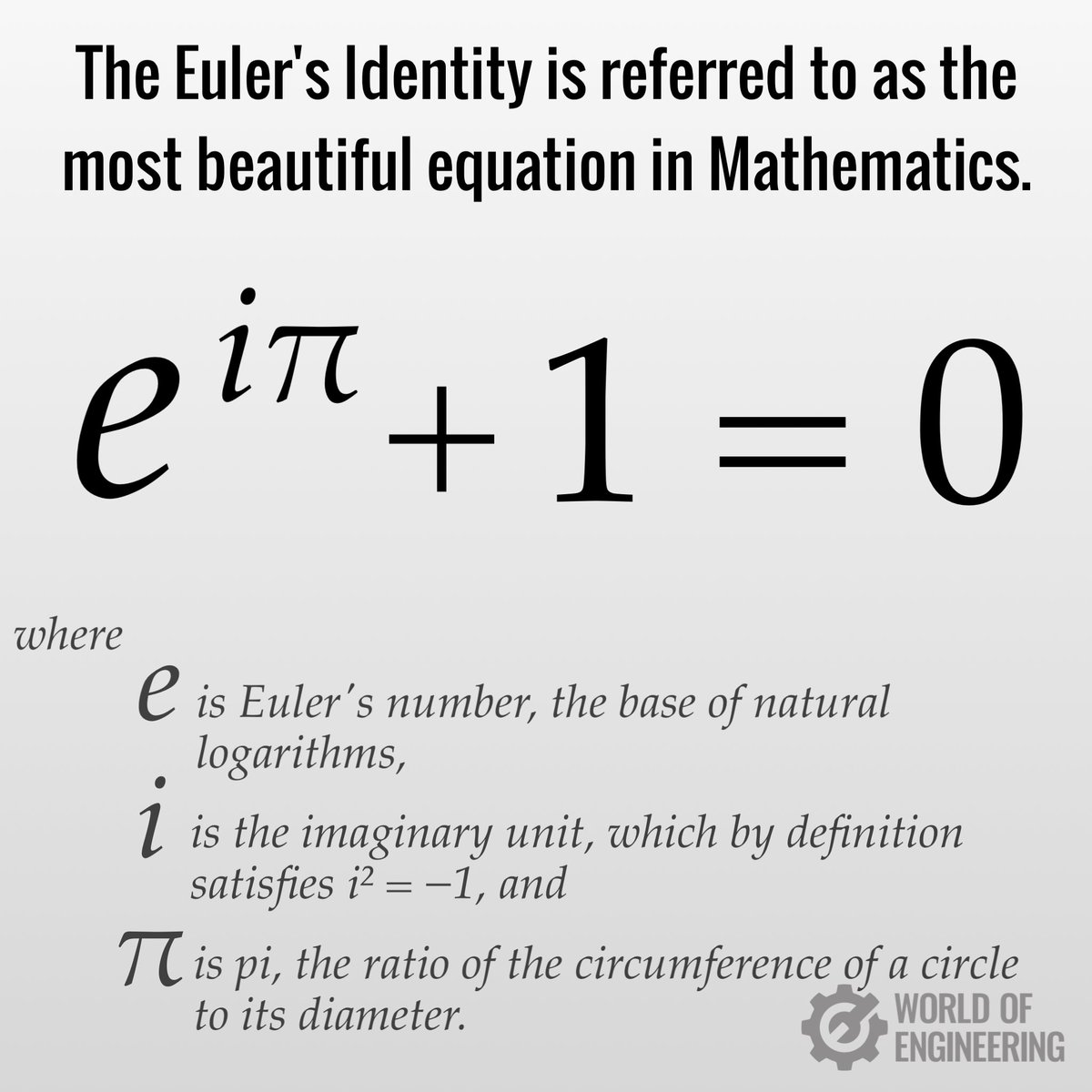 The Euler's Identity is referred to as the most beautiful equation in Mathematics.