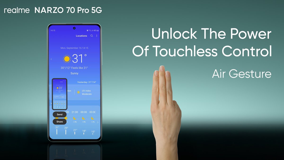 Effortlessly unlock the power of gesture commands for a hands-free experience. Step into the future of smartphone control with #realmeNARZO70Pro5G's Air Gesture feature. Buy Now On: @amazonIN: amzn.to/43OYDdf realme.com: bit.ly/3xboVKg