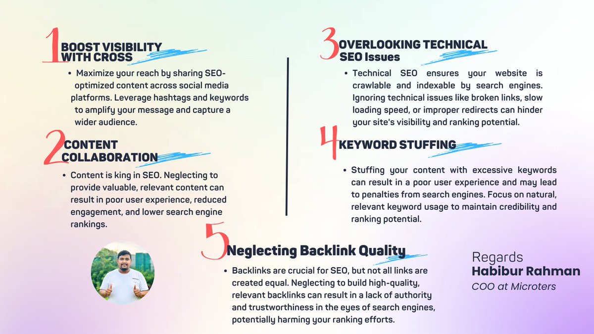 Avoid These 5 SEO Mistakes for Success 

Don't let these common errors:

✅ Mobile Optimization
✅ Ignoring Quality Content
✅ Overlooking Technical SEO Issues
✅ Keyword Stuffing
✅ Neglecting Backlink 

 #SEOMistakes #AvoidErrors #SearchRankings #DigitalMarketing #SEOStrategy
