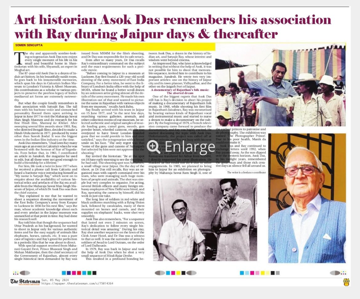 @zain175 This is how #satyajitray carried out historical research for his films. Today’s article has this interview of my father

epaper.thestatesman.com/c/75014364?fbc…
