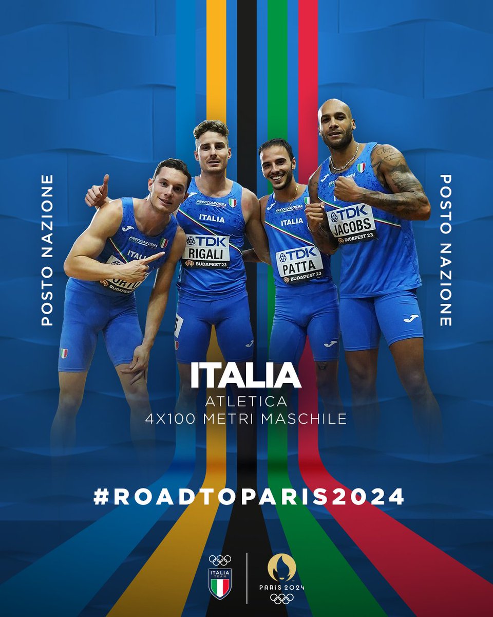 Dopo l’oro olimpico a Tokyo, la 4x100 maschile ci sarà anche a Parigi! 🤩

Alle World Relays di Nassau il quartetto Rigali, Jacobs, Patta e Tortu regala all’Italia il posto nazione. 💪

👉 bit.ly/3QU77KT

#ItaliaTeam @Olympics @paris2024 #RoadToParis2024 @atleticaitalia