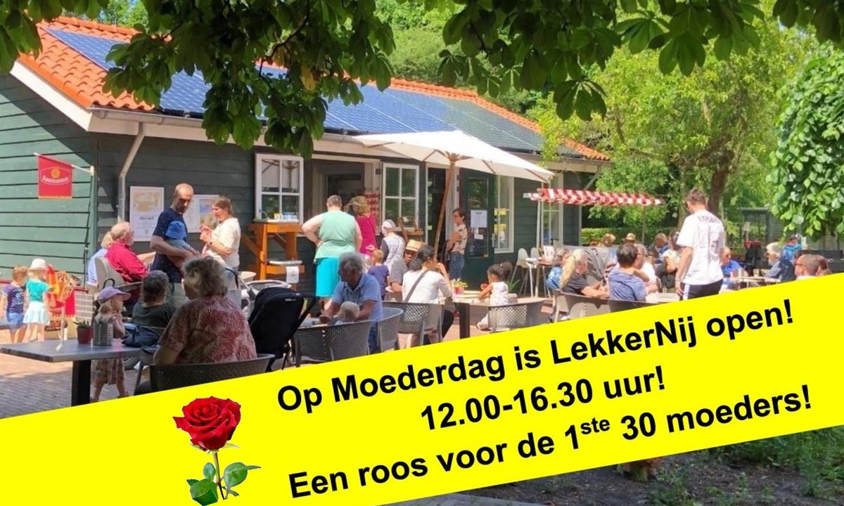 Op zondag is LekkerNij in de regel alleen op de 1ste en de 3de zondag van de maand open. Maar vanwege #Moederdag ook morgen. En de 1ste 30 moeders krijgen bij hun consumptie dankzij Fleuribelli uit Rijswijk een roos.