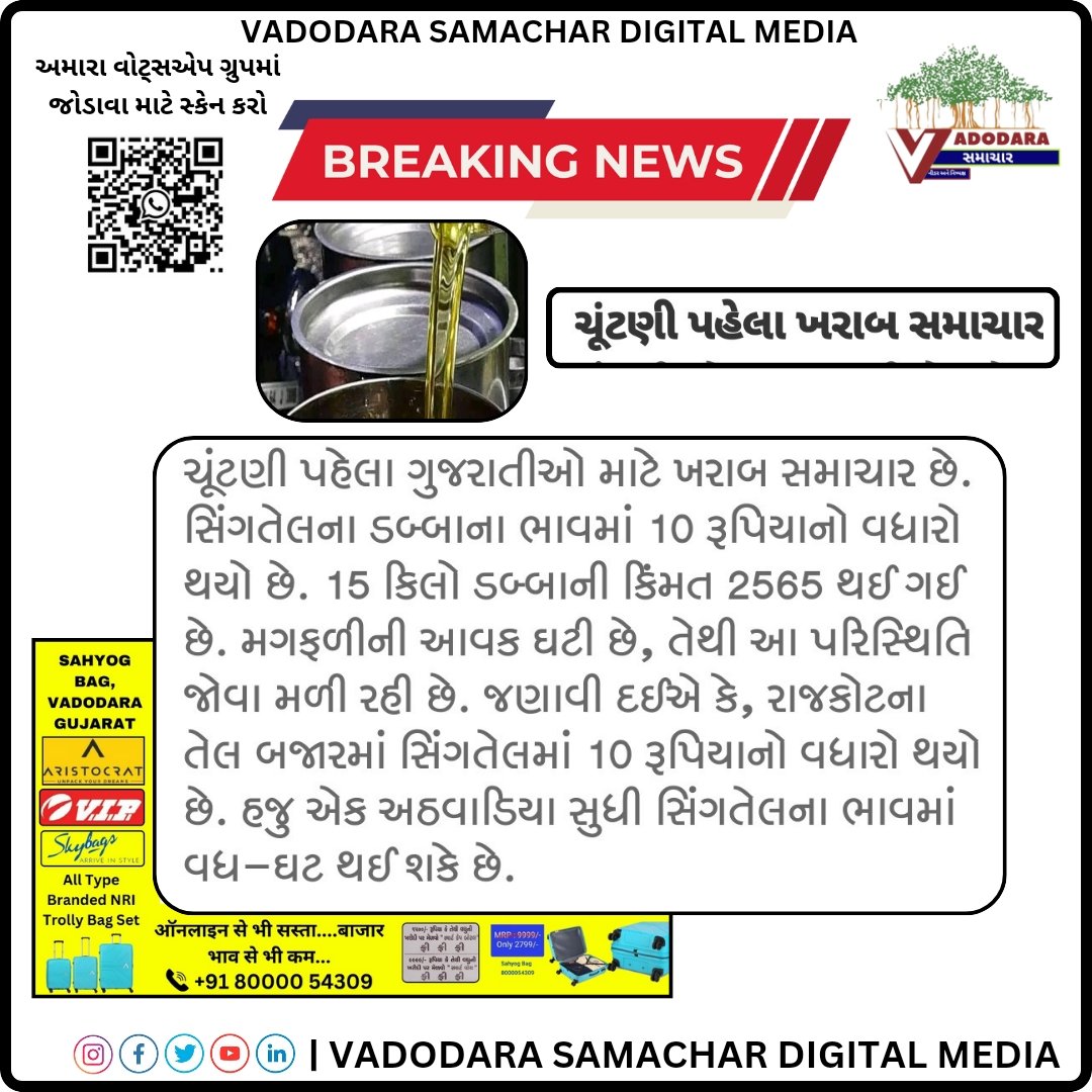 ચુંટણી પહેલા આવ્યા ખરાબ સમાચાર 
#vadodara ##vadodarasamachar @vvadodarasamachar2023 #singtel #groundnut #pricehike