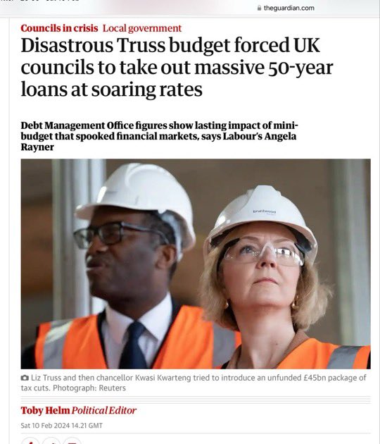 Tories have cut LA funding by 40% since 2010

“Disastrous Truss budget forced UK councils to take out massive 50-year loans at soaring rates”

‘It’s important that councils manage the cost of living for their residents,’ said Sunak 🤬🤬🤬🤬#ToryWipeout

theguardian.com/money/2024/feb…