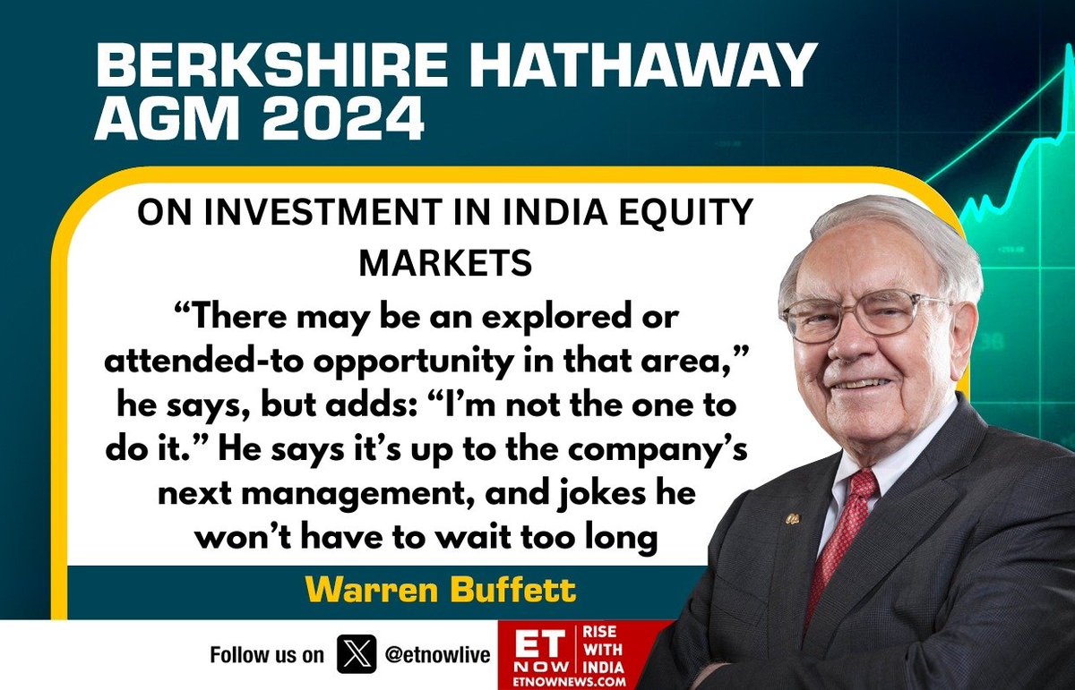 Berkshire Hathaway AGM 2024 | A shareholder from New Jersey asks if Berkshire is looking for opportunities in the Indian equity market This is what Warren Buffett replies👇 #BerkshireHathawayAGM @WarrenBuffett #WarrenBuffett