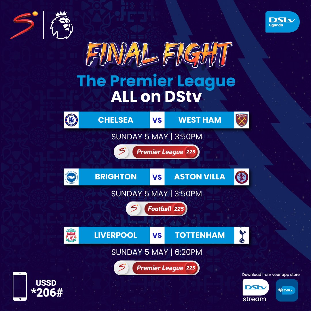 The football fans shall not want. 🥳

Get connected to DStv Compact for only UGX 110,000 and catch the thrilling end to the Premier League. 🏆

Get connected with ease using the #MyDStv App: apps.apple.com/ng/app/mydstv-…. ⏬📲

#KatiGunyume