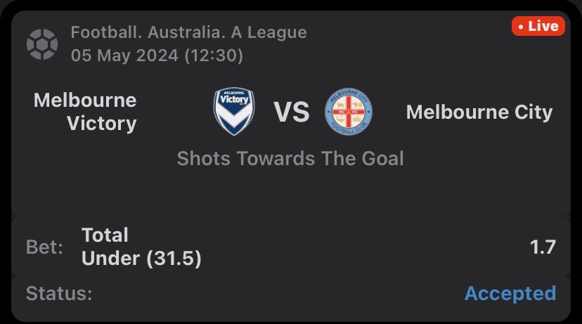 Australia 🇦🇺 A league 

Shots Towards target 

Under 31.5

@MelbourneCity @aleaguemen