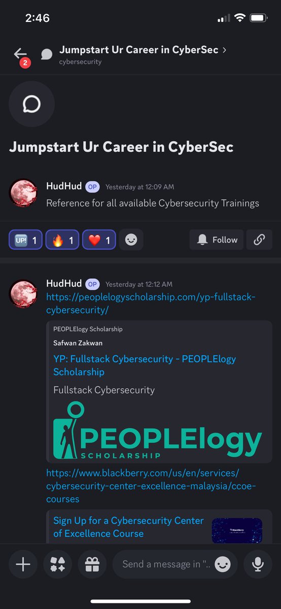 For people looking to jump start ur career in cybersec, u can have a look here at this link for references to cybersecurity. It’s in our LIT channel, but it’s open for everyone to look at. 👍🏻🔥🔥🔥❤️❤️❤️

🔗 discord.com/channels/12023…