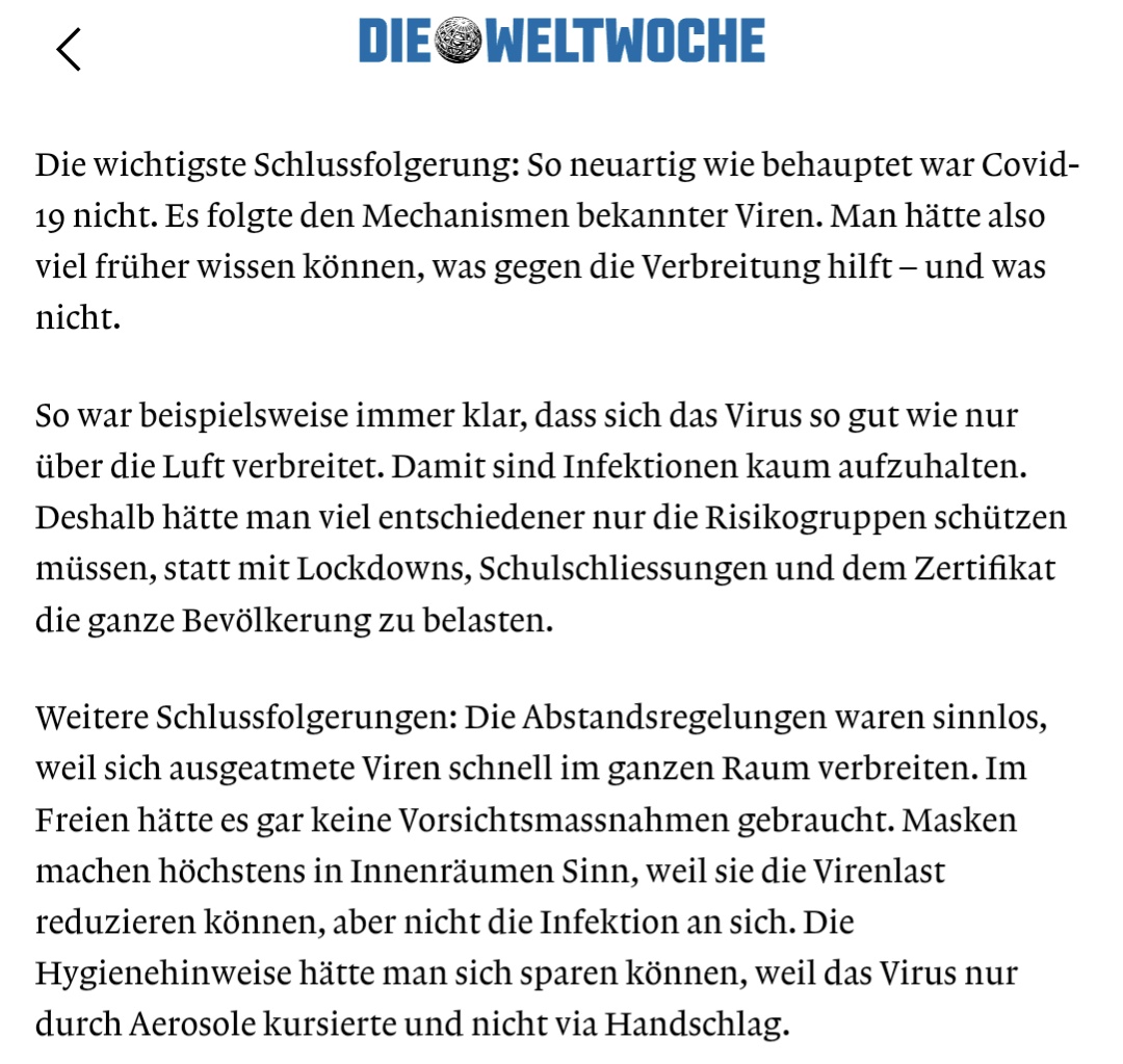 Falsche Coronazwangsmassnahmen: 
❌ Lockdown
❌ Schulschliessungen
❌ Zertifikat 
❌ Maske
❌ Hände waschen

Richtig gewesen wäre
❎ Risikogruppen schützen
❎ Socialist Distancing 😀

War auch mal eine #Verschwörungstheorie. #VT @stefan_millius weltwoche.ch/daily/aktuelle…