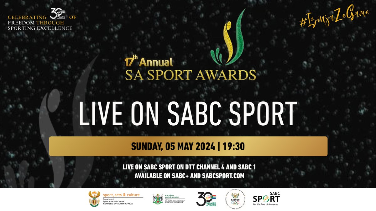 🥇SA SPORT AWARDS🥇 Join us for the 17th annual SA Sport Awards for a night of celebrating our incredible athletes! 🚨Live 📅Sun, 05 May ⏲️19:30 📺SABC Sport & SABC 1 📱SABC+ 🌐sabcsport.com #SASportAwards #IzinjaZeGame