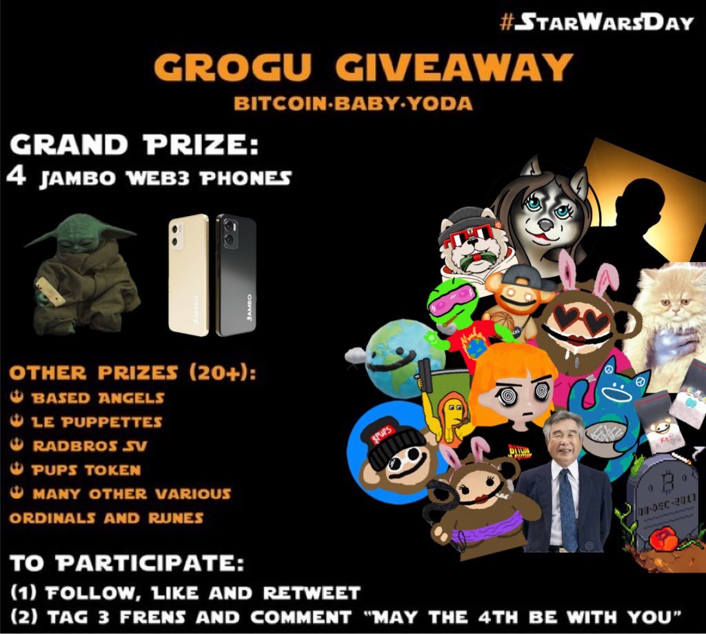 btcbabyyoda's tweet photo. Final Grogu Giveaway Post! #StarWarsDay #BTC 
🧡Grand Prize: 4 Winners @JamboTechnology Web3 phones.
🧡 Other Prizes (20+): see below

To Participate:
(1) Follow, Like & Retweet
(2) Tag 3 frens & comment "May the 4th be with you"