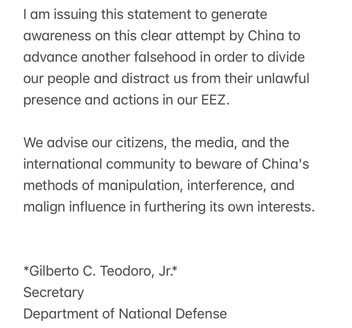 Defense Secretary Gilberto Teodoro denied the claims of China that the department agreed on the so-called “new model” to manage the situation in Ayungin Shoal.