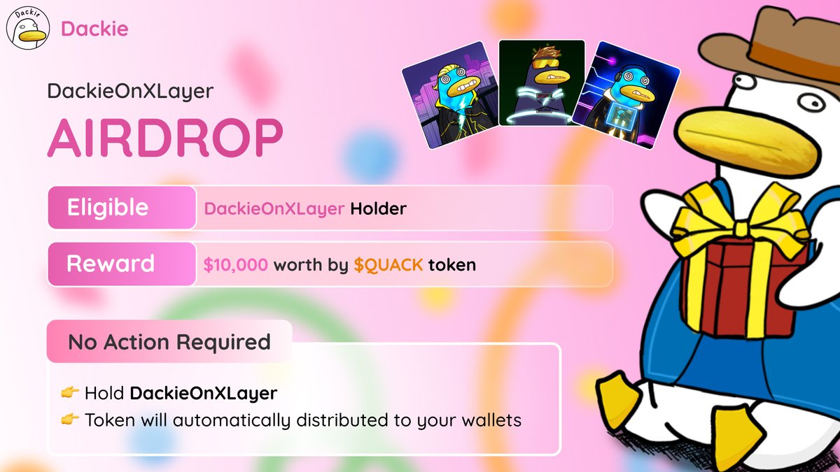Big #Airdrop quacknouncement 🔥

• 10,000$ worth by $QUACK was airdrop to #DackieOnXLayer holder.

• No action required, your reward will automatically distributed to your wallets.

• Welcome new holders join to $DACKIE community🦆

• Txs:
1️⃣ basescan.org/tx/0x1d1208b3d…
2️⃣…