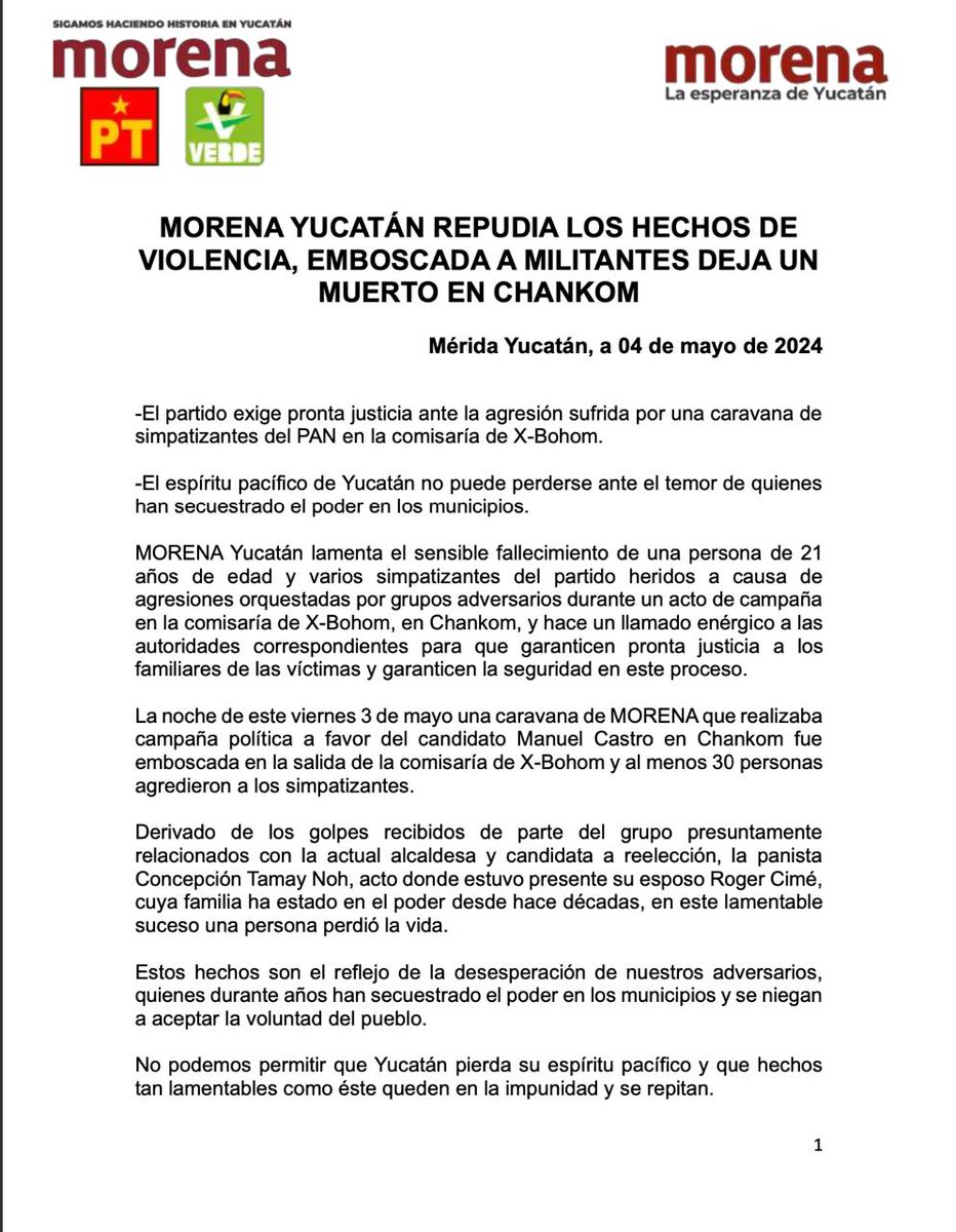 En Chankom, #Yucatán, uno de nuestros compañeros del movimiento, Juan Carlos Balam Un, perdió la vida a causa de las agresiones que, cobardemente, ejerció un grupo opositor durante un acto de campaña. Exigimos que las autoridades realicen la investigación pertinente para que,…