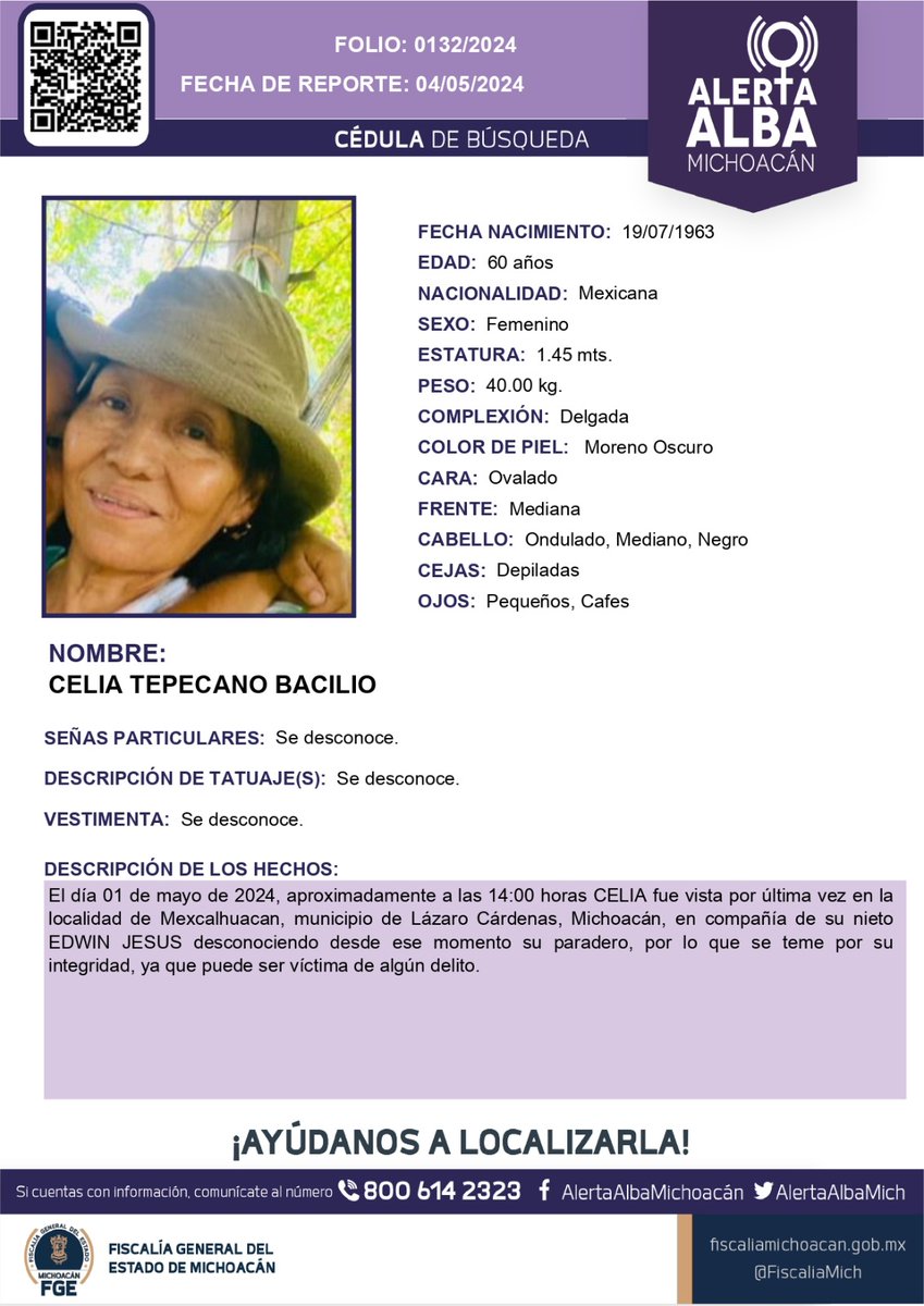⚠️🟣 Solicitamos su apoyo para la búsqueda y localización de CELIA TEPECANO BACILIO de 60 años de edad. #Comparte #AlertaAlba #AlertaAlbaMichoacán #AyúdanosAEncontrarla #FGEMich @botDesaparecidx