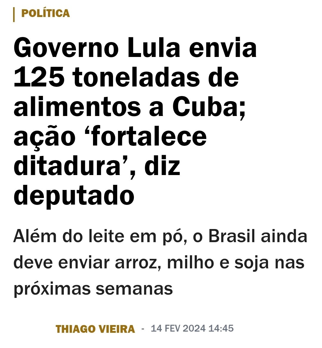 Só pra lembrar, em fevereiro, Lula mandou 125 toneladas de alimentos para a ditadura cubana. Aguardando pra ver quanto vai mandar para o RS. 

👍🤡